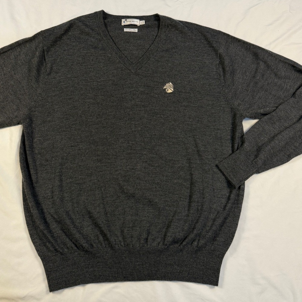 Peter Millar Mens Charcoal Gray 100% Merino Wool V-Neck Sweater Size L Logo